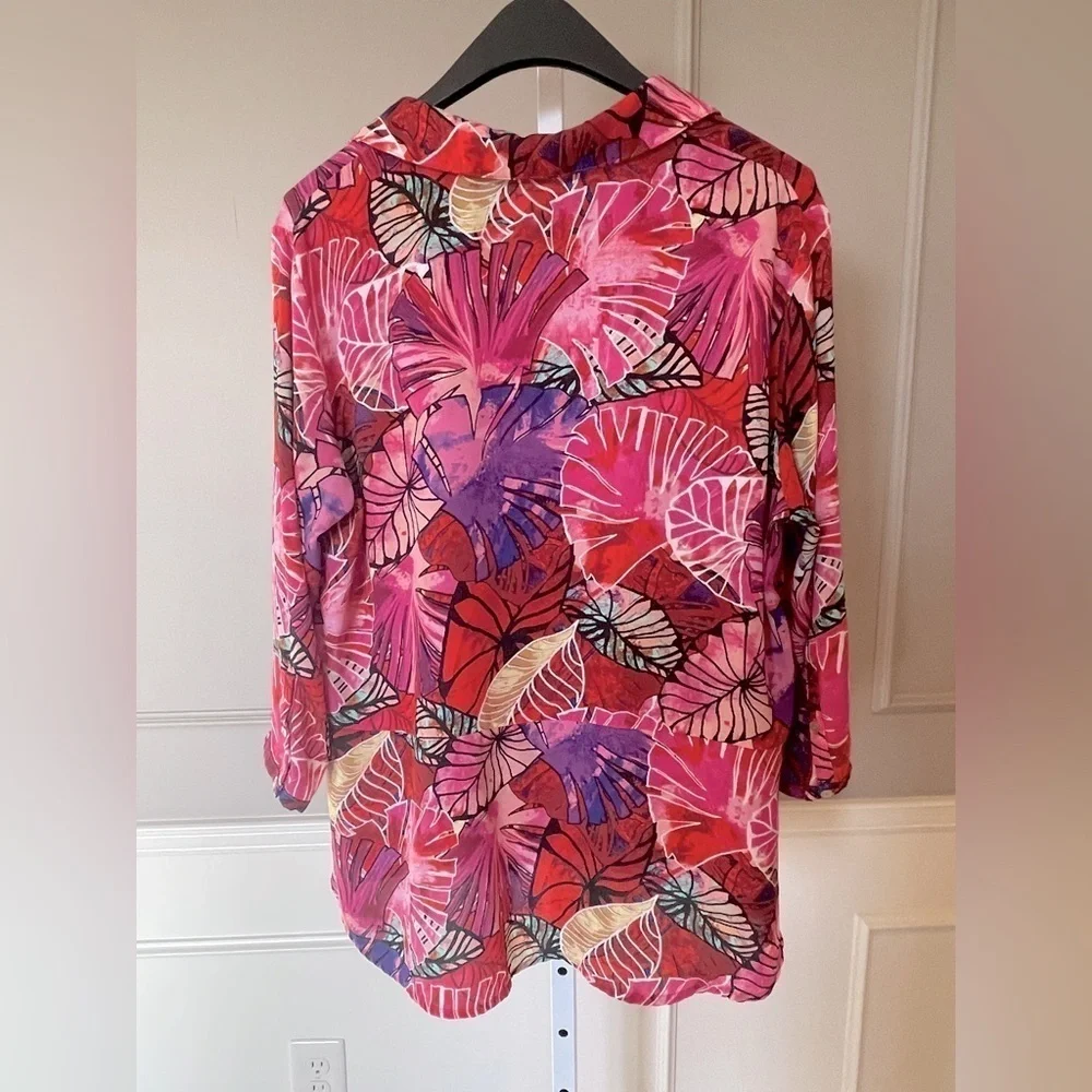 Investments XL Tropical Pinks Purples Bold Abstract Palm Trees popover blouse